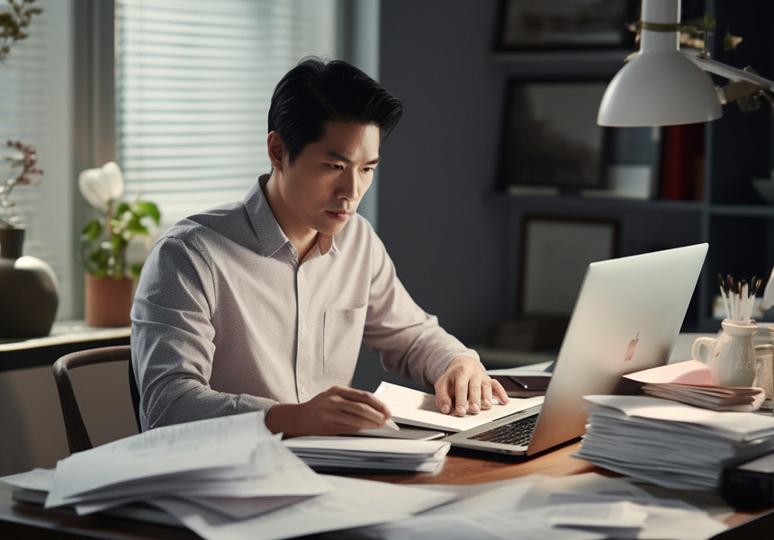 직장인이 노트북으로 연금저축과 IRP 세액공제 자료 검토하는 모습