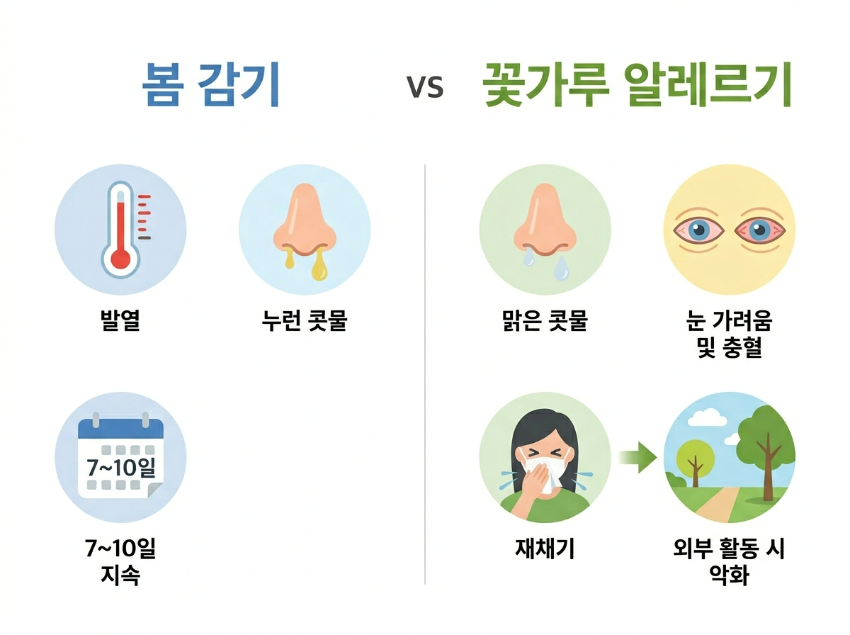 봄감기 꽃가루알레르기 구별법, 알레르기 증상 비교, 맑은콧물, 연속재채기