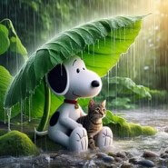 나무-잎사귀-아래에서-비를-피하고있는-스누피와-고양이