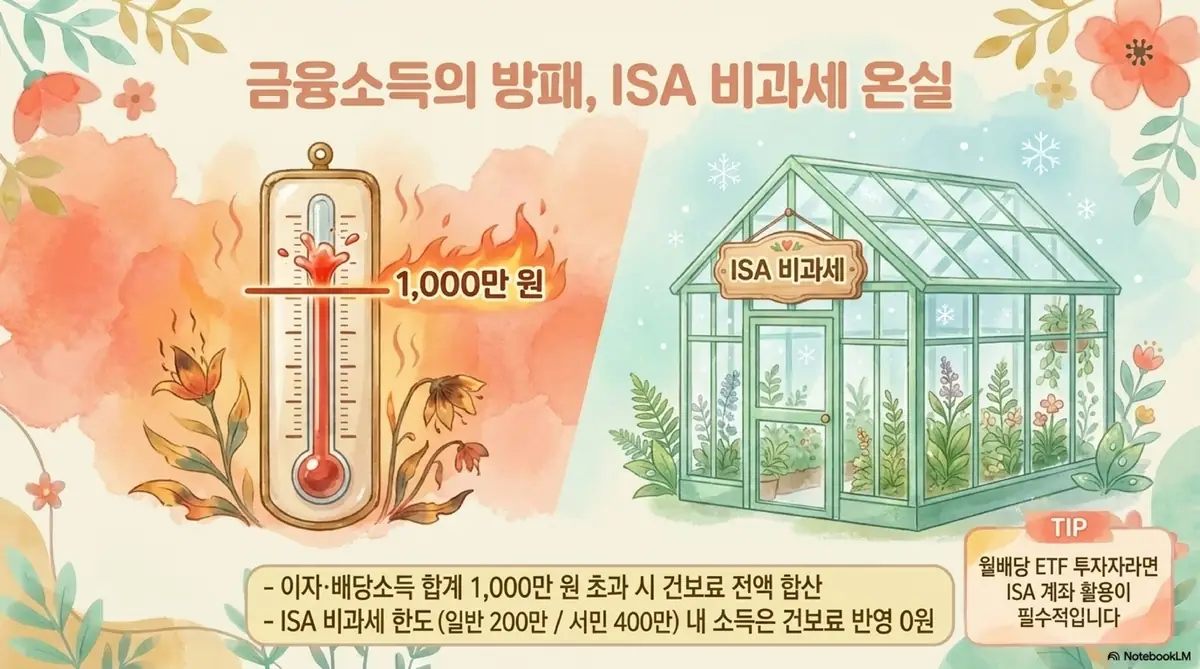 건강보험료 줄이는 방법: 금융소득이 건강보험료에 미치는 영향과 ISA 비과세 활용 전략을 온도계와 온실 일러스트로 비교한 이미지. 왼쪽에 이자와 배당소득 합계 1,000만 원 초과 시 건보료 전액 합산되는 구조가 온도계로 표현되어 있고 오른쪽에 ISA 비과세 한도 내 소득은 건보료 반영 0원이라는 내용이 온실 이미지로 안내되어 있다.