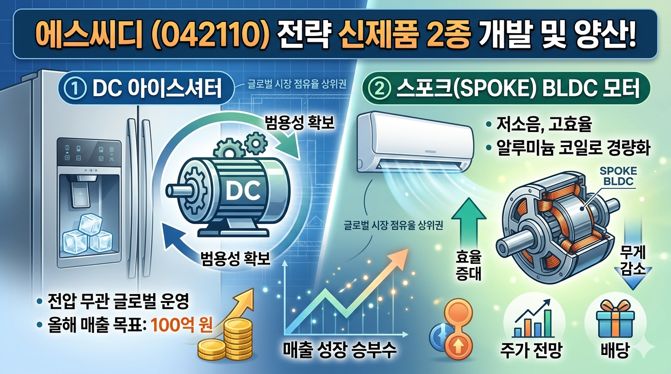 에스씨디(SCD) 로고와 함께 신제품인 DC 아이스셔터, SPOKE BLDC 모터의 내부 구조도 및 성장하는 매출 그래프가 결합된 이미지