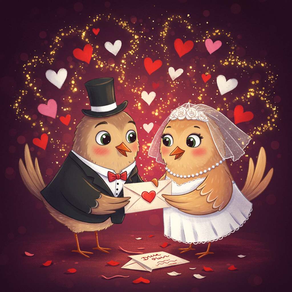 귀여운 새 커플이 웨딩 복장을 입고 카드에 사랑의 메시지를 쓰는 일러스트 (결혼축하, 유쾌한 카드, 손편지)