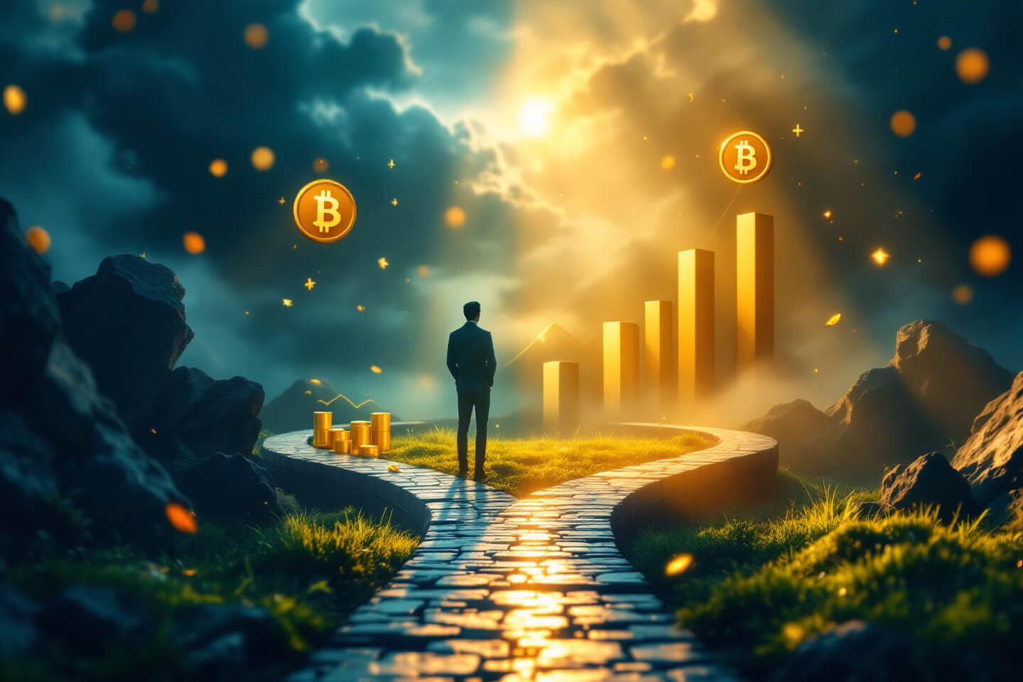 금화와 상승하는 그래프가 있는 신비로운 배경. Palantir(팔란티어)의 높은 밸류에이션과 투자 기회를 시각적으로 전달