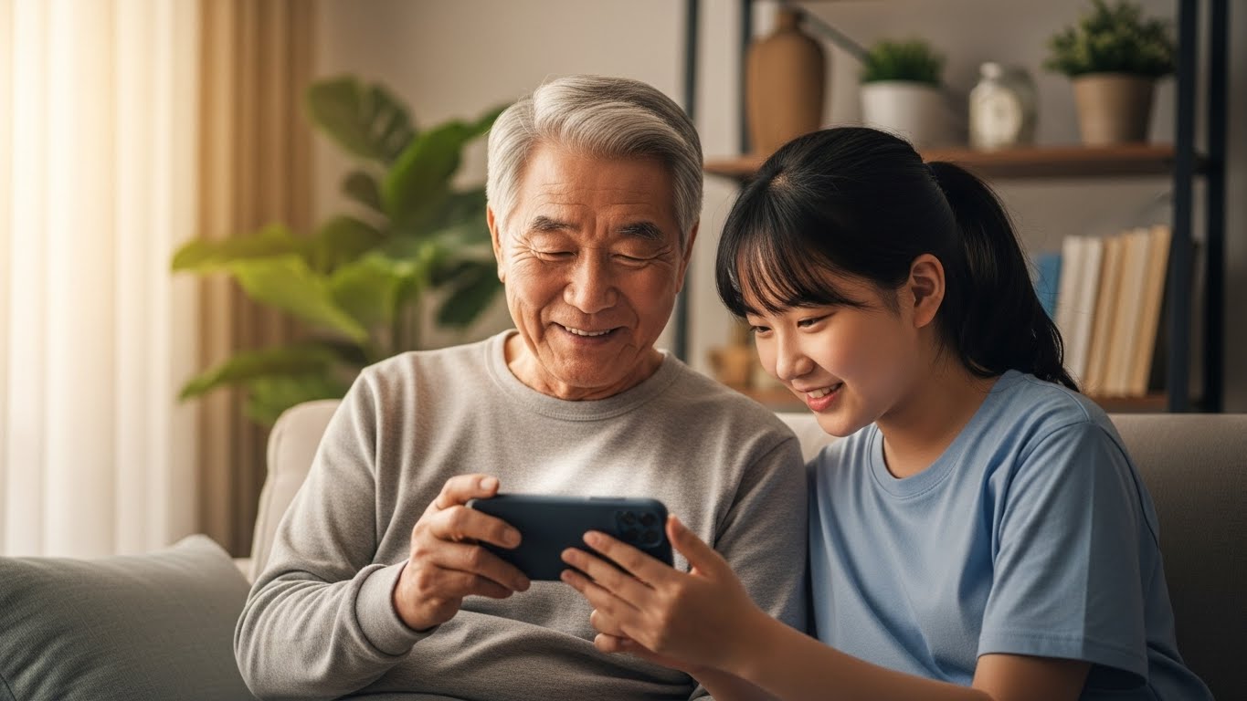 손녀의 도움을 받아 스마트폰으로 미환급금을 확인하고 기분 좋게 대화하는 어르신의 모습