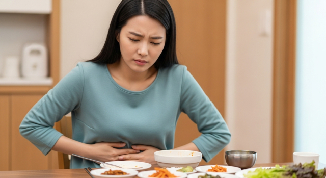 복부 팽만으로 불편해하는 여성