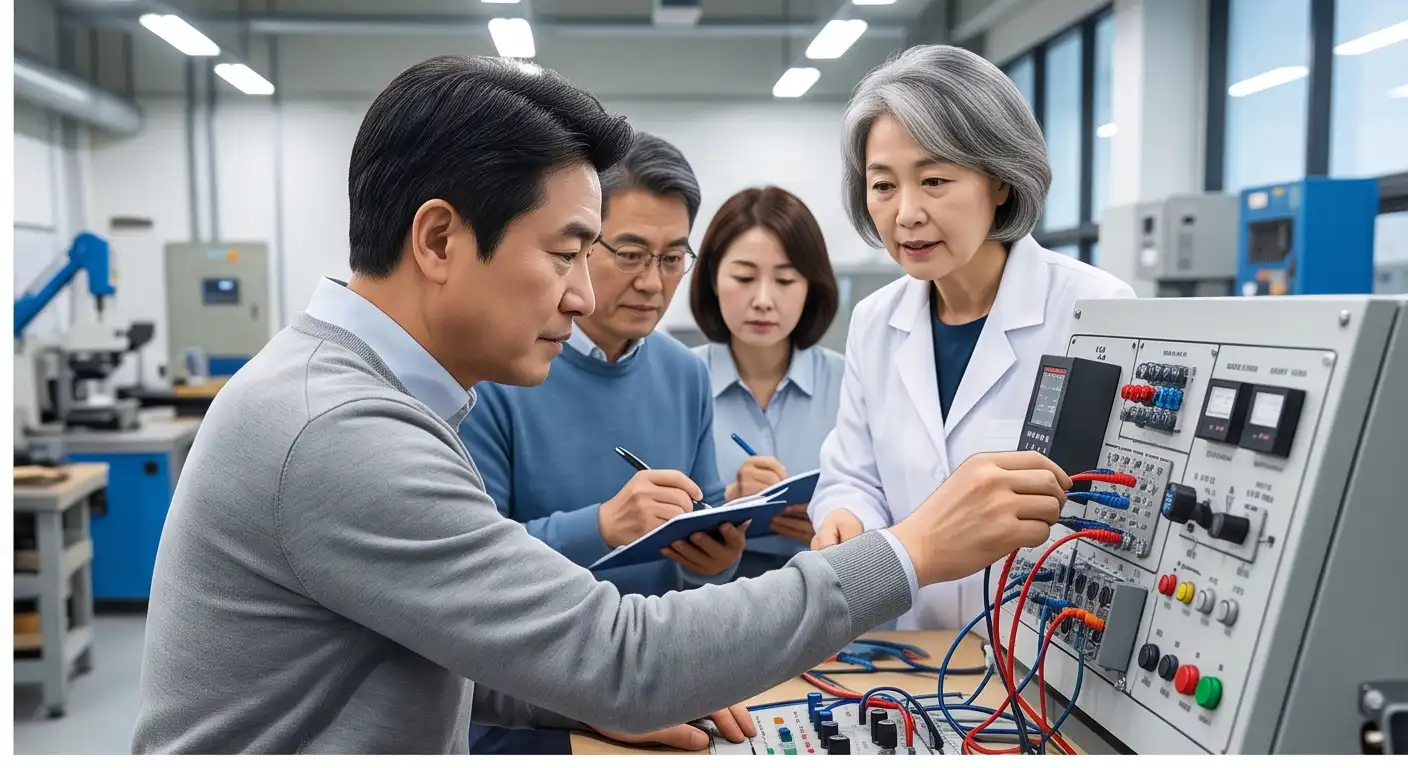 전기 제어반 실습 장비 앞에서 강사의 시연을 보며 필기하는 신중년 교육생들