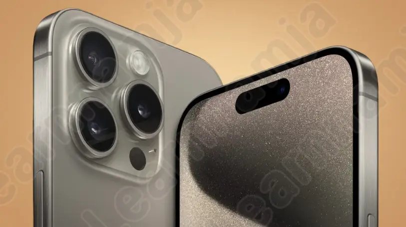 베이지색 배경에서 아이폰 15 프로 맥스