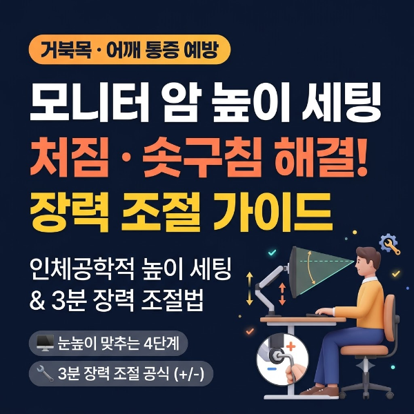 인체공학적 시선 각도와 눈높이 맞춤 및 모니터 처짐 솟구침 해결을 위한 육각 렌치 장력 조절 인포그래픽 썸네일