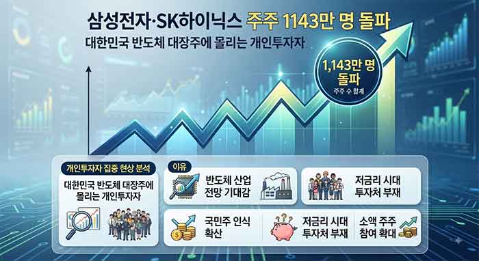 삼성전자와 SK하이닉스의 주주가 1,143만 명을 돌파하며 대한민국 반도체 대장주로 개인투자자가 집중되는 현상을 나타낸 인포그래픽 이미지.