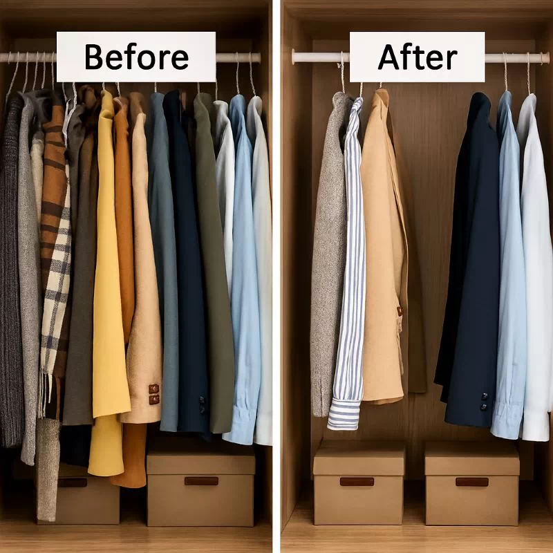 옷장 정리 전후 비교 이미지: 행거에 빽빽하게 걸린 옷과 정리 후 2배 공간을 확보한 옷 보관 공간 활용 꿀팁