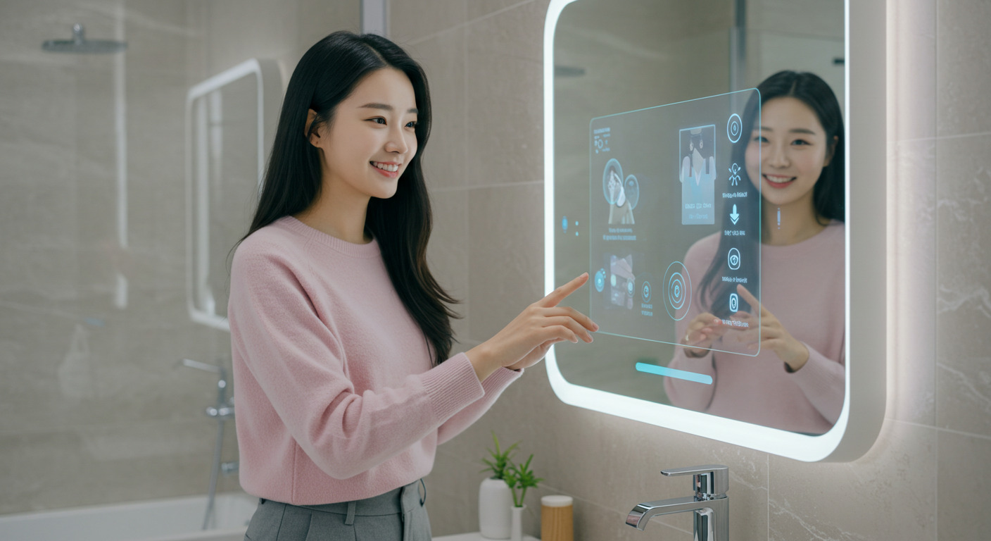AI 스마트 미러로 출근 준비하는 여성 이미지