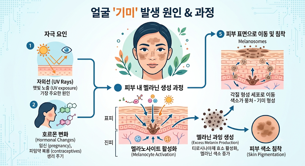 얼굴에 기미가 발생하는 원인 및 그 과정