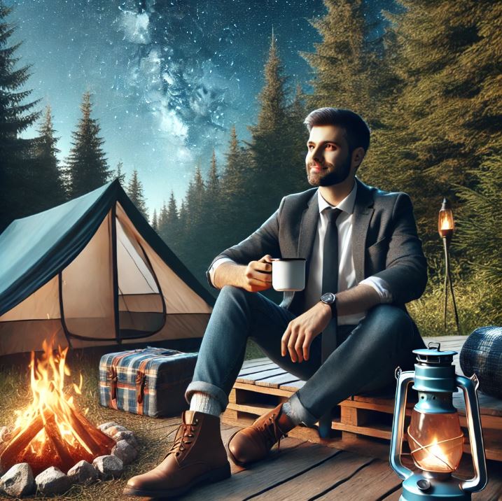 회사원이 캠핑하는 모습