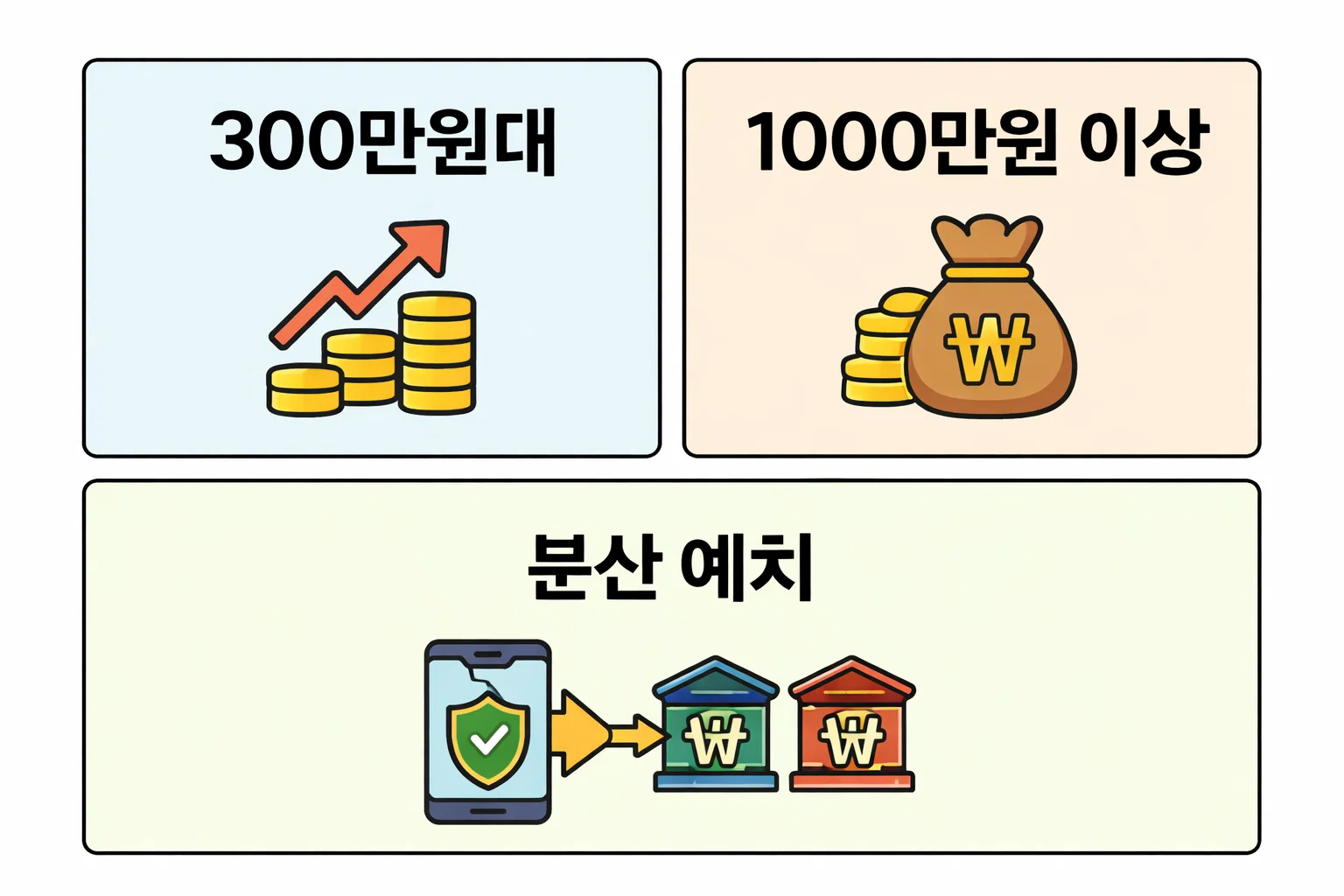 300만원대와 1000만원 이상 금액별로 카카오뱅크 예금을 분산 예치했을 때 안정성과 활용성이 어떻게 달라지는지 설명한 이미지입니다