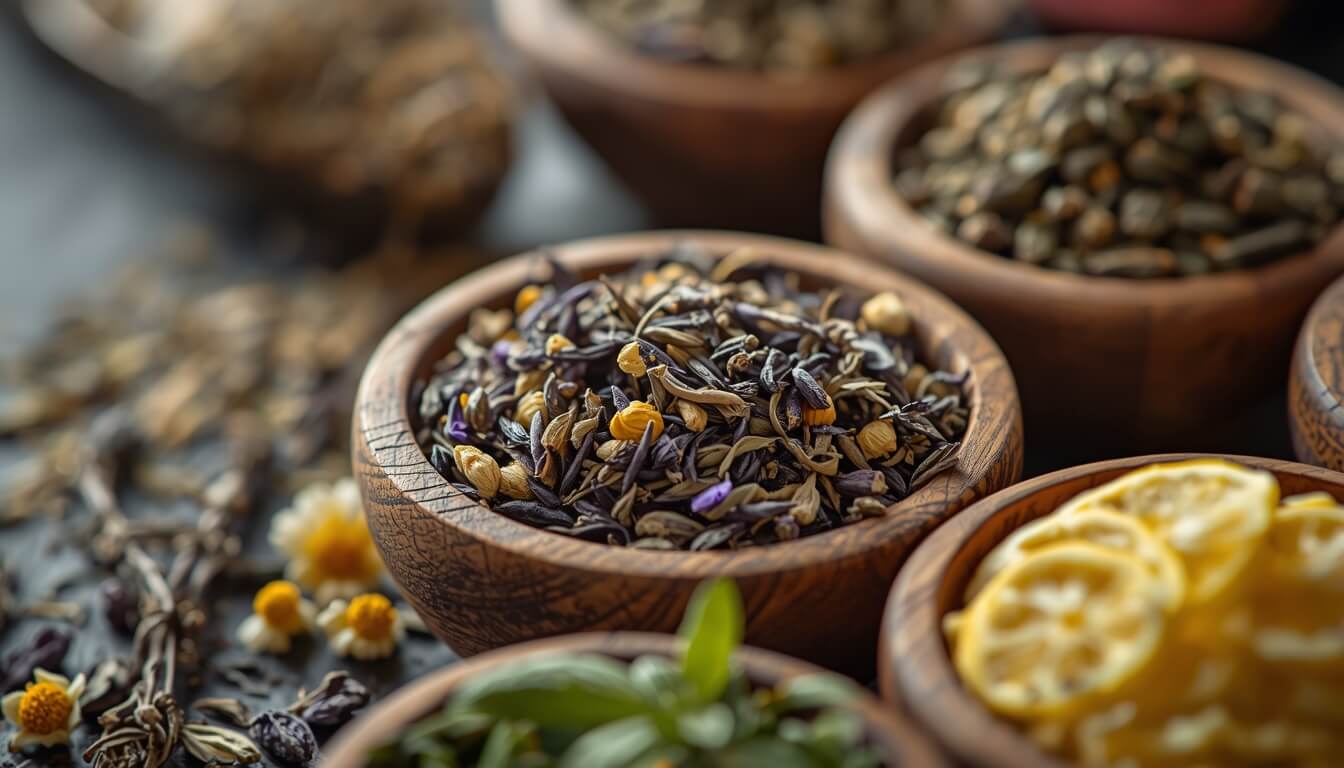 카모마일과 라벤더 등 수면에 도움을 주는 허브차 재료들