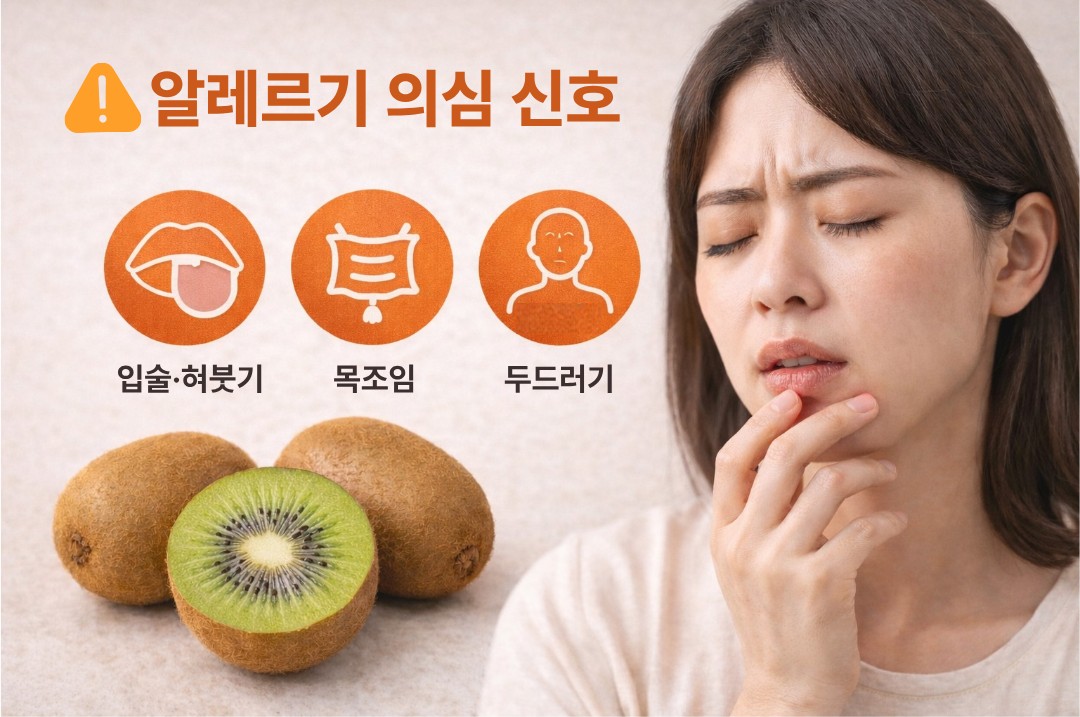 키위 알레르기 위험 신호를 아이콘으로 보여주는 안내 이미지(붓기&middot;목 조임&middot;두드러기)