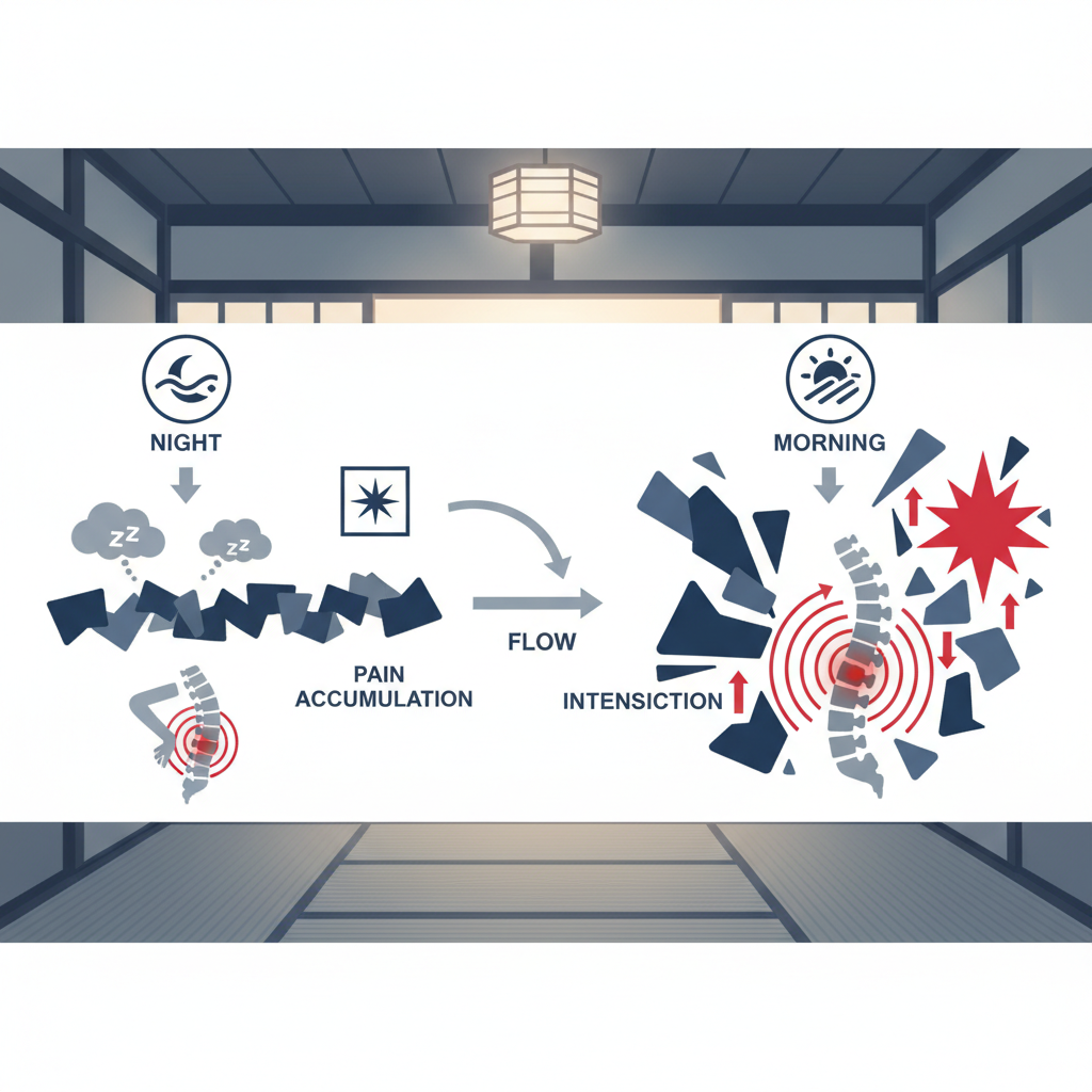 朝の腰痛が夜間に進行するメカニズムに関する統計・生理メカニズム・対策を示す政策リポート用インフォグラフィック