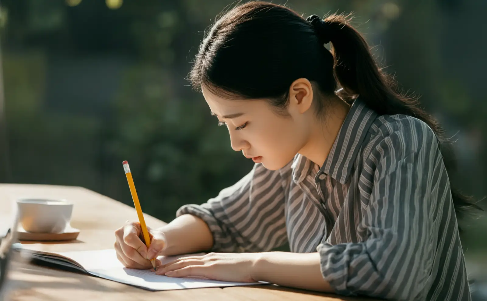 연필로 글을 쓰는 학생