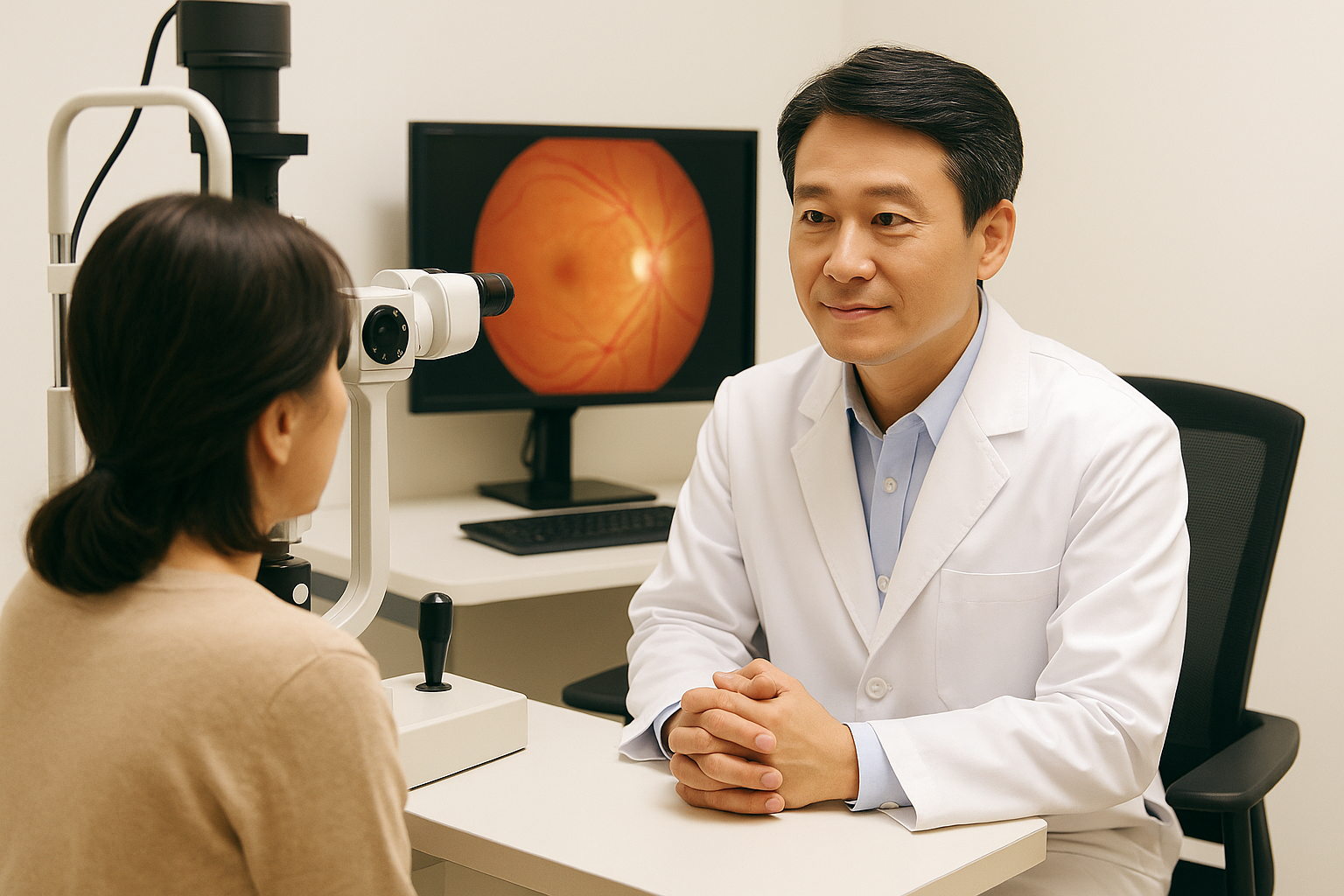안과 진료실에서 환자가 안과의사와 인공수정체 렌즈 상담을 받는 장면 &ndash; 배경 모니터에 망막 이미지 표현