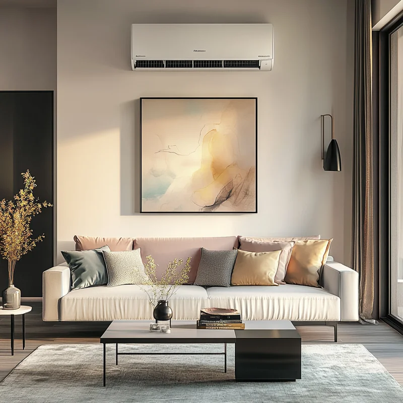 현대적인 아파트 거실에 설치된 삼성 AI 에어컨이 고급스러움과 편안함을 전달합니다. 첨단 기술과 우아한 디자인이 돋보이는 인테리어로, 최신 스마트 가전 구독의 이점을 경험하게 합니다.