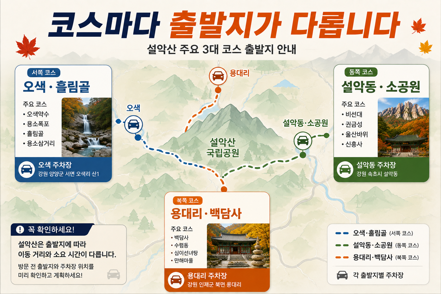 설악산 설악동 오색 백담사 코스별 주차 출발지 비교