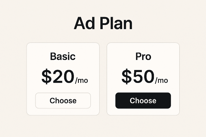 광고형과 무광고형을 비교하는 구독 카드 UI.