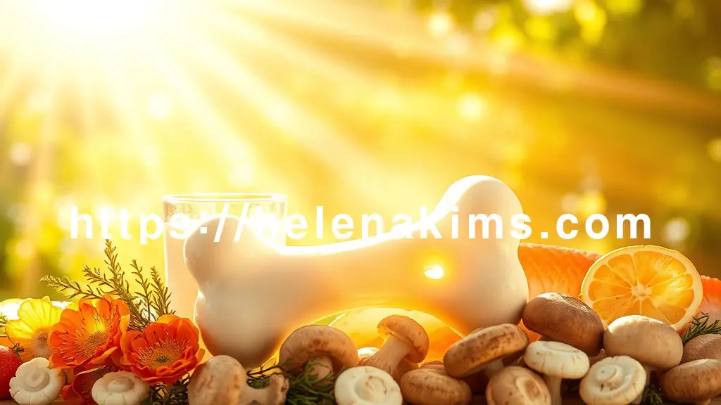 활기찬 햇살이 쏟아져 들어오는 배경 아래, 건강하게 빛나는 투명한 뼈의 중앙에 놓여 있습니다. 뼈 주변으로는 칼슘이 풍부한 우유 한 잔과 신선한 등푸른생선(예: 연어 조각), 햇빛을 머금은 버섯 등이 풍성하고 조화롭게 배치되어 있습니다.