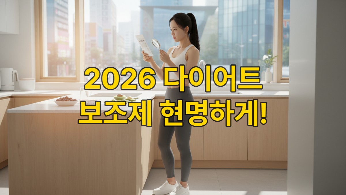 성분표를 꼼꼼히 확인하는 스마트한 한국인 여성 소비자가 건강한 다이어트 보조제를 선택하는 모습.