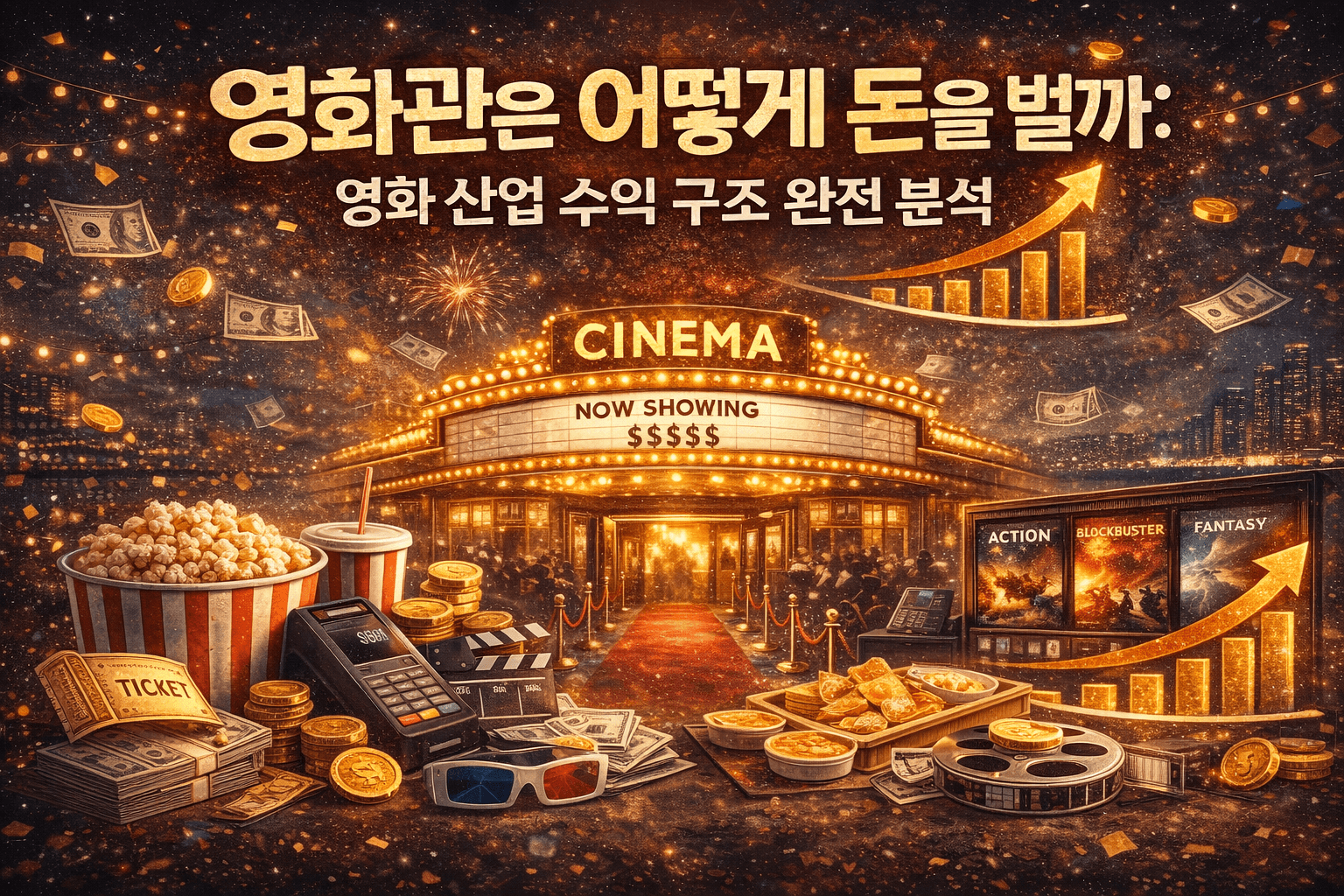 화려한 극장 건물을 중심으로 티켓, 팝콘, 돈, 필름 릴, 계산기 등이 배치된 인포그래픽 이미지로, 중앙에는 ‘영화관은 어떻게 돈을 벌까: 영화 산업 수익 구조 완전 분석’이라는 제목이 강조되어 있으며 상승 그래프와 화살표가 함께 표현되어 영화관의 수익 구조와 수익 창출 과정을 시각적으로 보여준다.