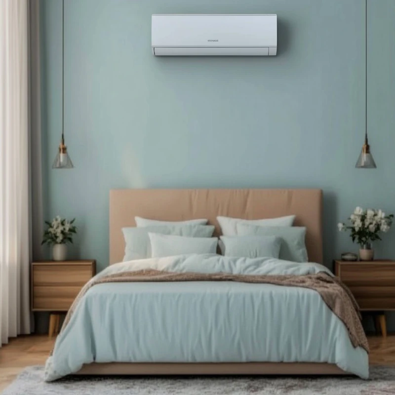 최소한의 소음을 내며 안락한 수면을 보장하는 벽걸이 에어컨으로 꾸며진 포근한 침실의 모습입니다.