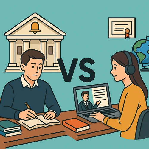 학점은행제와 사이버대학교의 학습 방식을 비교하는 일러스트, 전통 교육과 온라인 교육을 대비한 이미지
