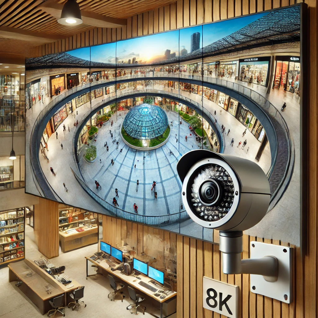 360도 파노라마 보안 카메라가 쇼핑몰에 설치된 모습&amp;#44; 8K 해상도로 넓은 시야를 포착하며 보안 제어실의 대형 화면에 영상이 표시됨&amp;#44; 배경에는 사람들이 붐비는 상점과 쇼핑 공간이 보임