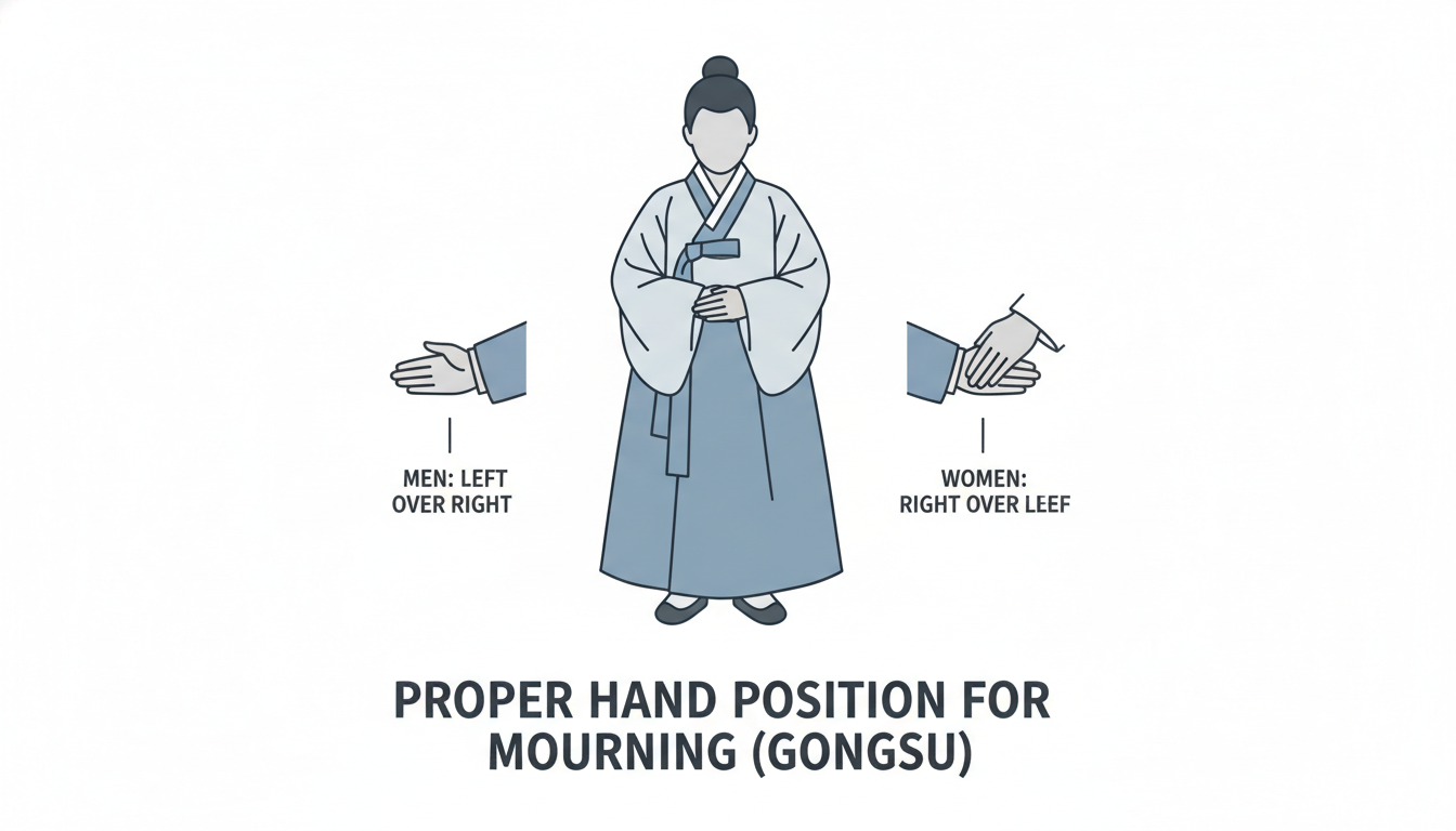 An educational vector illustration showcasing the proper hand position (Gongsu법) for Korean formal bowing at a memorial service. Simple and minimalist design in blue and grey tones showing the respectful posture of mourning. All text in the image must be in English.