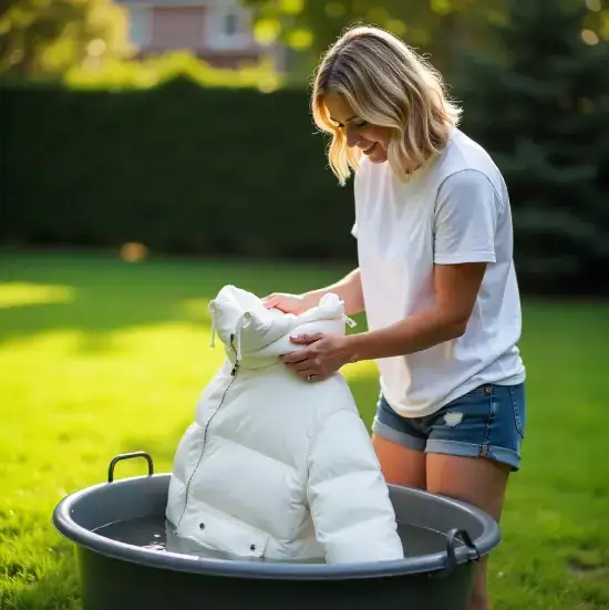 잔디밭에서 큰 대야에 담긴 흰색 패딩을 손세탁 중인 여성의 모습