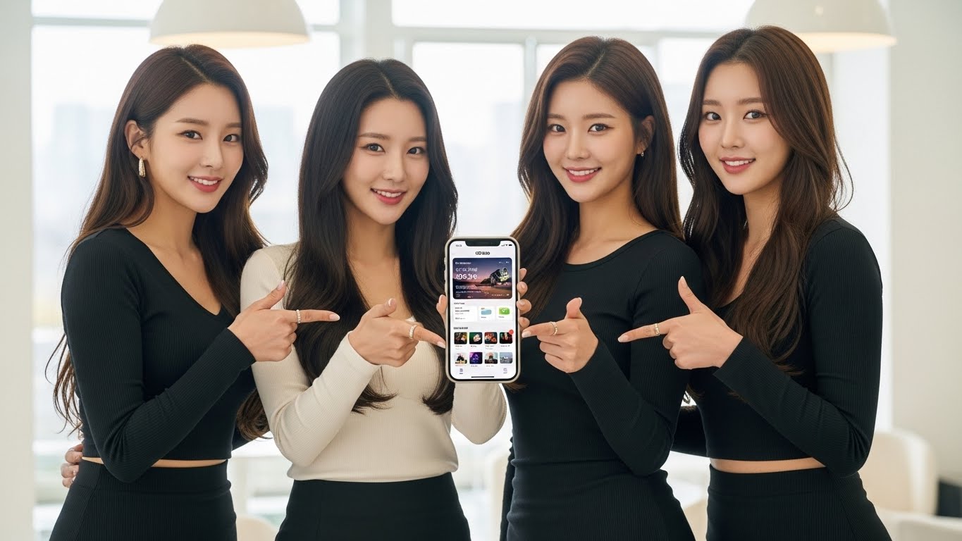 아이폰 화면을 보여주는 여성들