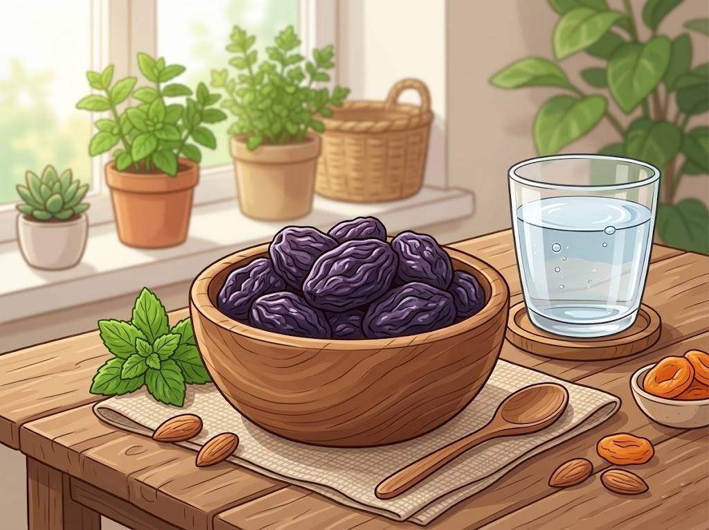 보랏빛 건자두(푸룬)가 예쁜 나무 그릇에 담겨 있고 주변에 물컵이 놓인 건강한 간식 컨셉의 벡터 일러스트