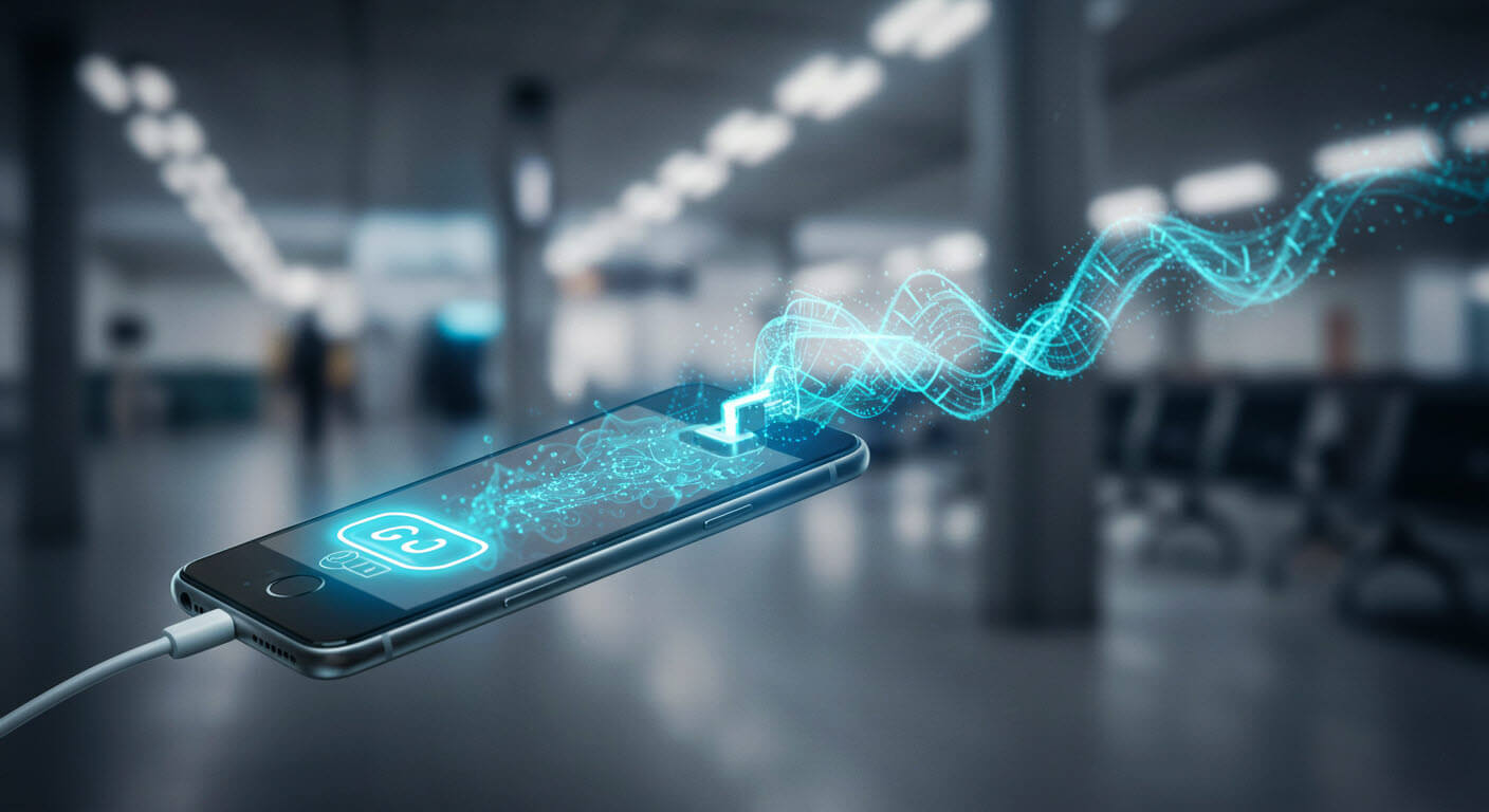 공공장소에서 충전중 휴대폰해킹되는 장면을 묘사하는 그래픽