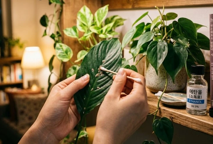 어두운 실내 선반 위에서 소독용 에탄올을 묻힌 면봉으로 스파티필름 잎에 붙은 하얀 깍지벌레를 제거하고 있는 모습
