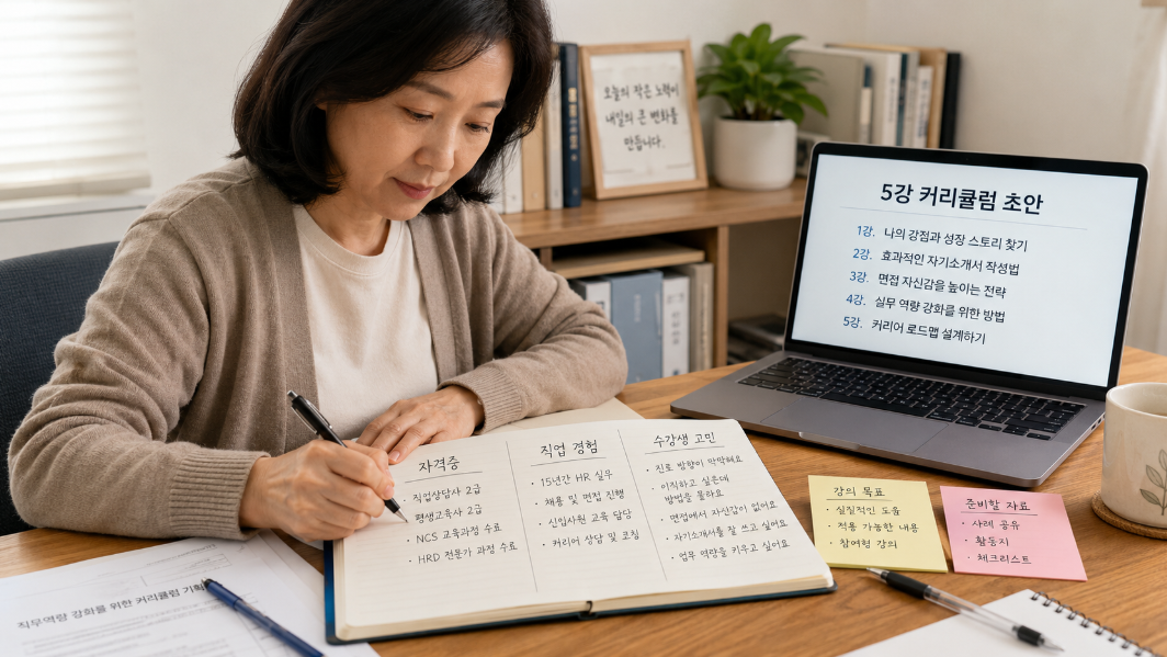 중장년이 자격증과 경험을 온라인 강의 주제와 5강 커리큘럼으로 정리하는 장면