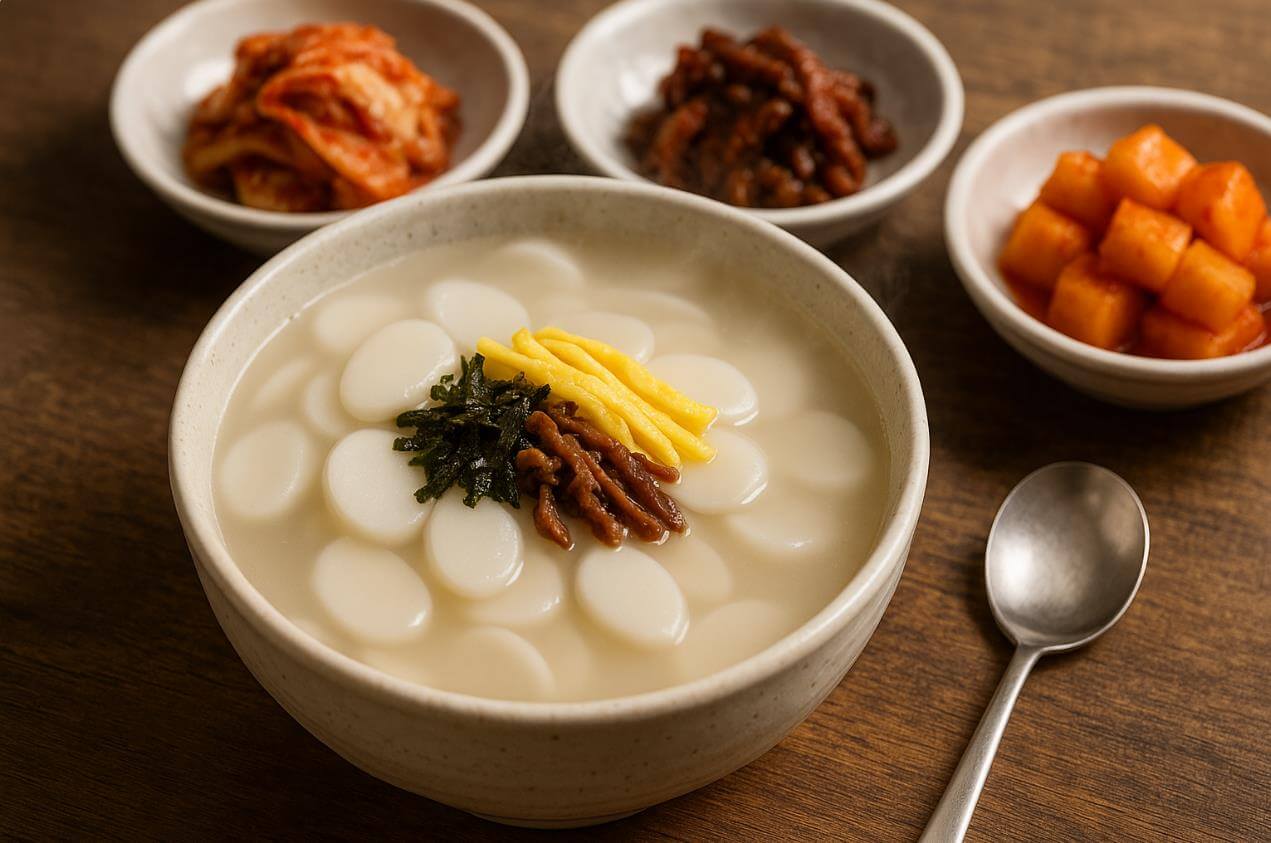따끈한 떡국과 함께 곁들인 김치, 반찬 한 상차림.
