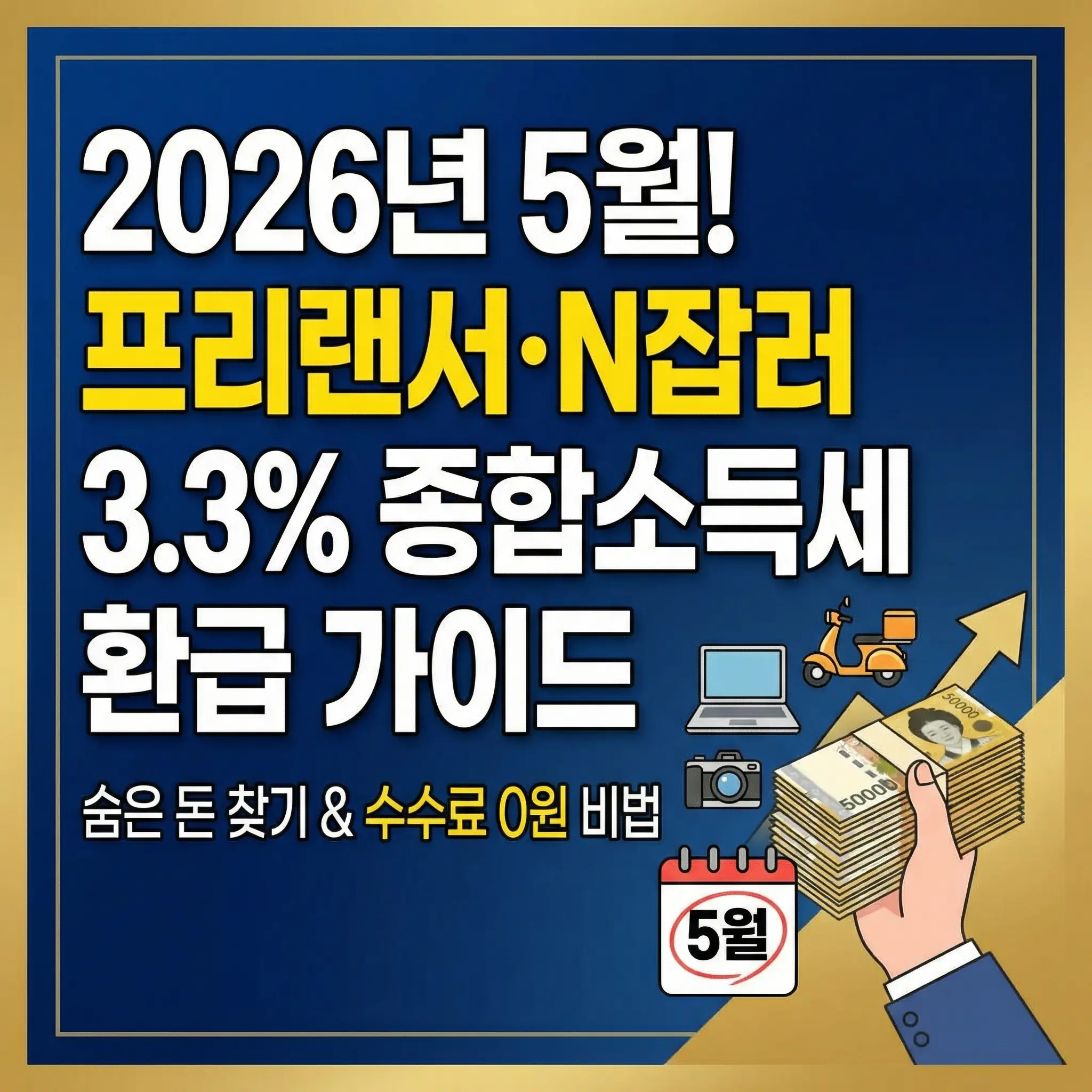 2026년 5월 프리랜서 및 N잡러 3.3% 종합소득세 환급 가이드 썸네일. 숨은 돈 찾기 및 수수료 0원 비법 텍스트와 함께 5월 달력, 현금 다발, 노트북, 카메라, 배달 오토바이 아이콘이 포함된 세금 환급 인포그래픽.