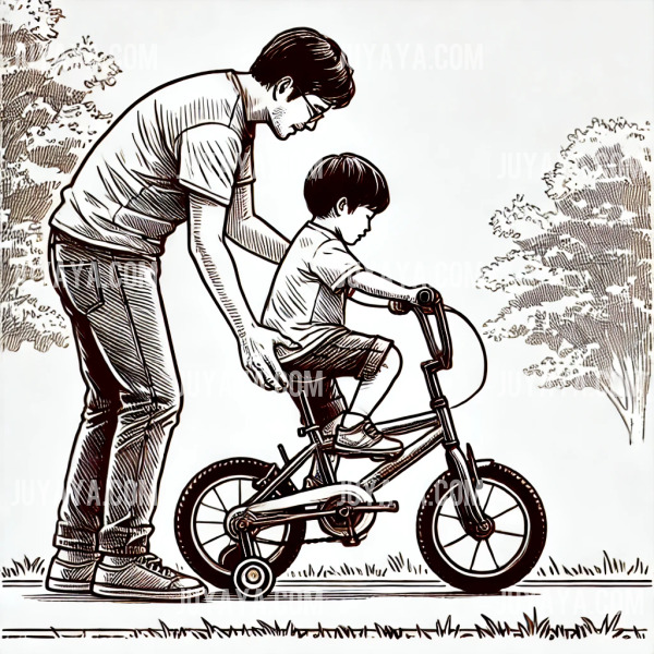 공원에서 아빠가 자전거 뒤를 잡아주며 아이가 자전거 타기를 배우는 모습, 간단한 배경과 따뜻한 스케치 스타일.