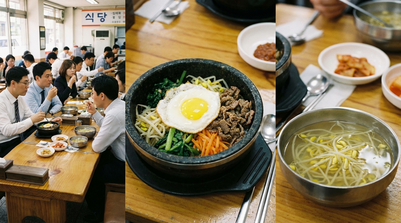 한국 식당에서 고추장을 뺀 비빔밥과 맑은 국물로 구성된 다이어트 점심 식사