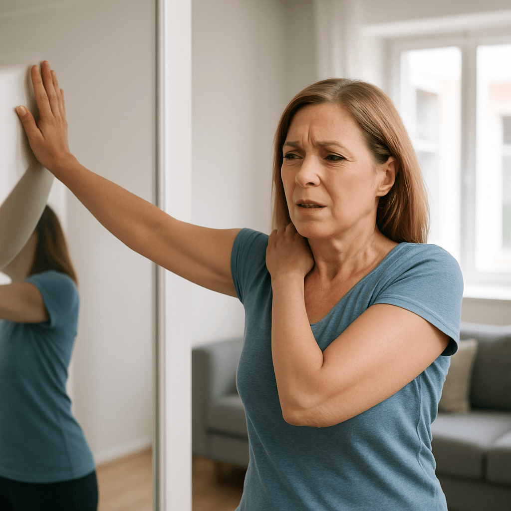 거울 앞에서 한쪽 팔을 힘겹게 드는 중년 여성이 벽에 손을 짚고 있는 모습(출처**자체제작)