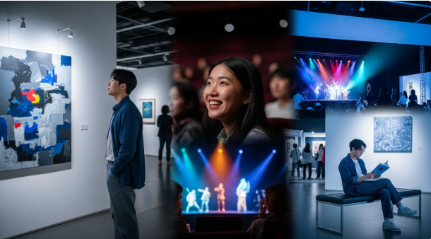 문화예술패스를 활용하여 미술전시와 공연을 즐기는 청년들의 모습. 풍요로운 문화생활과 예술향유 기회화개를 나타냅니다.