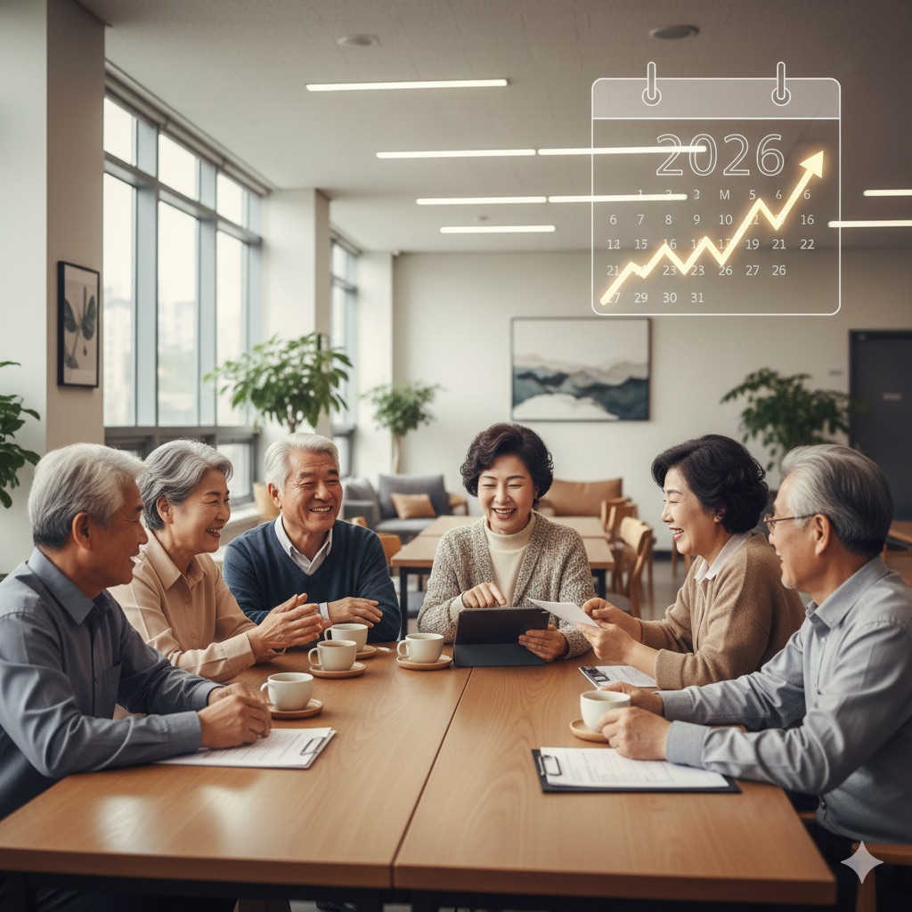 2026년 기초연금 변화에 대해 이야기 나누는 행복한 어르신들. 인상된 연금액과 완화될 부부감액으로 더욱 안정된 노후를 기대하는 모습.