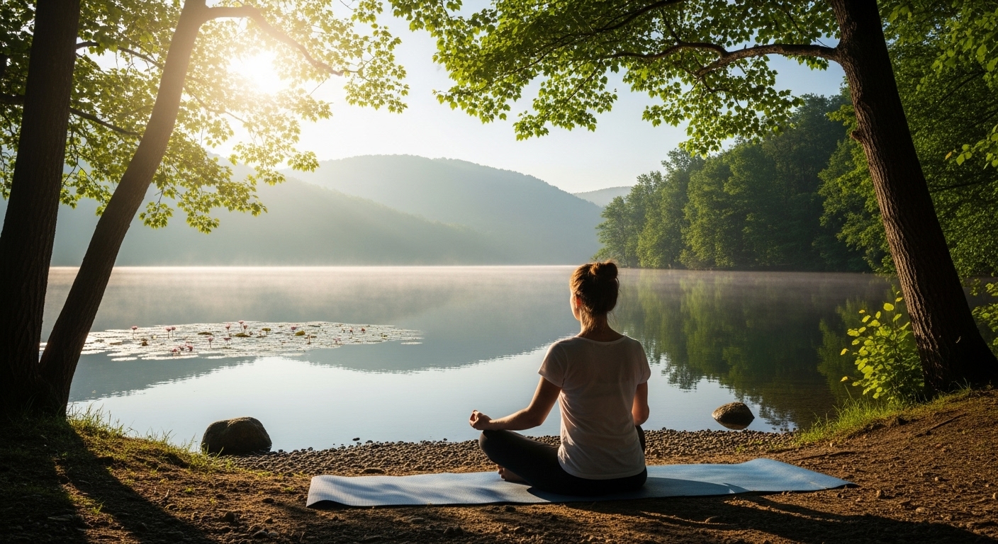 자연 속에서 평온하게 명상하며 스트레스를 해소하는 사람의 모습