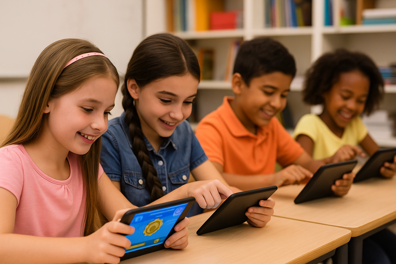교실에서 예쁜 아이들이 함께 태블릿을 활용해 즐겁게 공부하는 모습, 게임화 학습법을 실천하는 장면