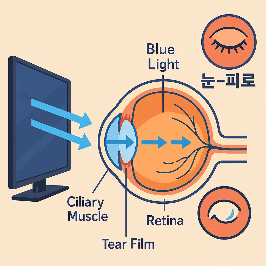 TV화면에서-방출된-청색광이-각막-수정체-망막을-통과하며-눈물-막과-모양체-근육에-부담을-주어-눈에-피로를-유발하는-인포그래픽