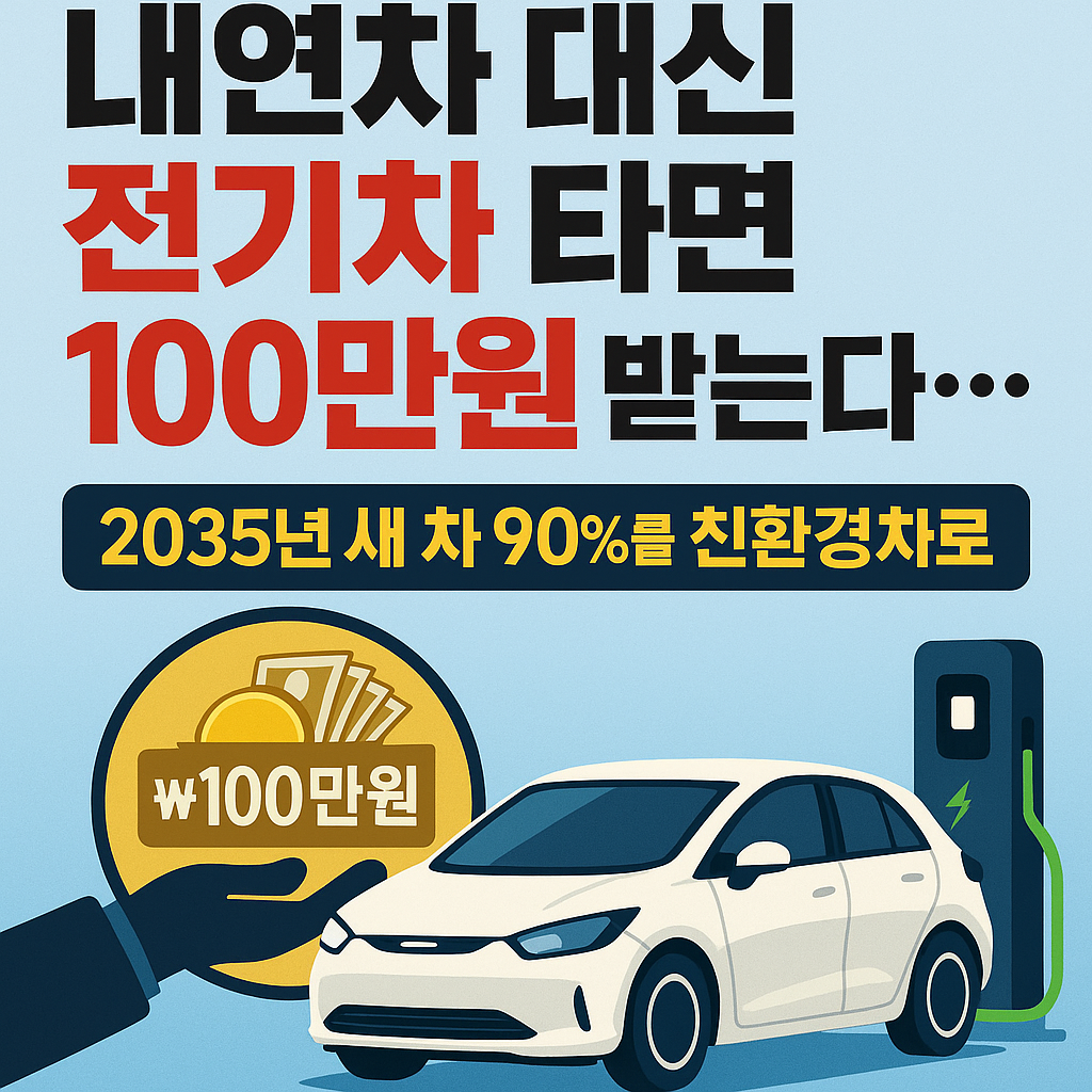 &ldquo;전기차 전환 지원 100만원100만 원 정책을 강조한 썸네일 이미지. 전기차 아이콘, 충전소, &lsquo;보조금 100만 원&rsquo; 문구가 포함된 현대적인 그래픽 디자인.&rdquo;